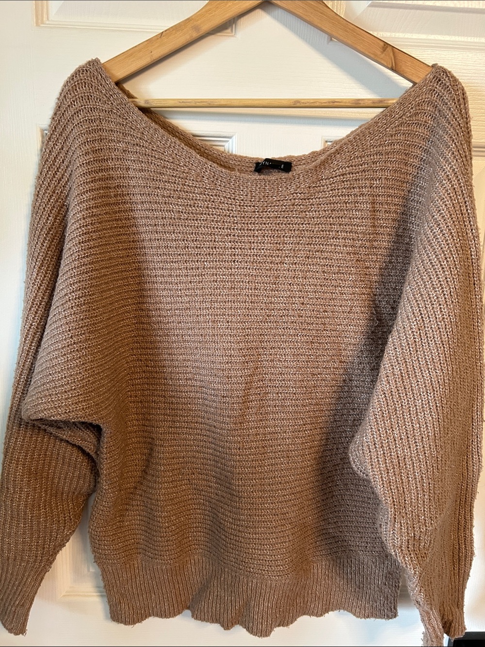 Dynamite Off-the-Shoulder Knit Sweater in Taupe